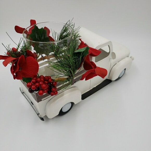 White Metal Christmas Truck Farmhouse Rustic Hurricane Candle Holder Table Decor - Picture 10 of 16